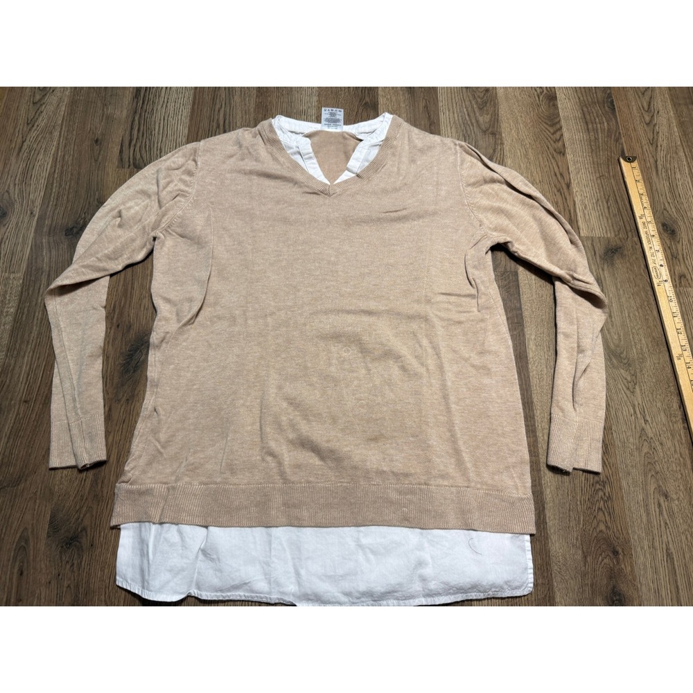 Serra Sweater Womens Size L Beige Melange V-Neck Faux Layered Shirt Pullover